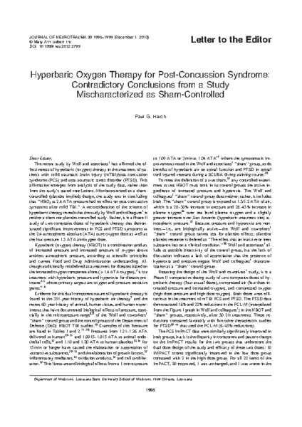 Mischaracterized HBOT Study for Concussion (1.3 ATA vs 2.4)