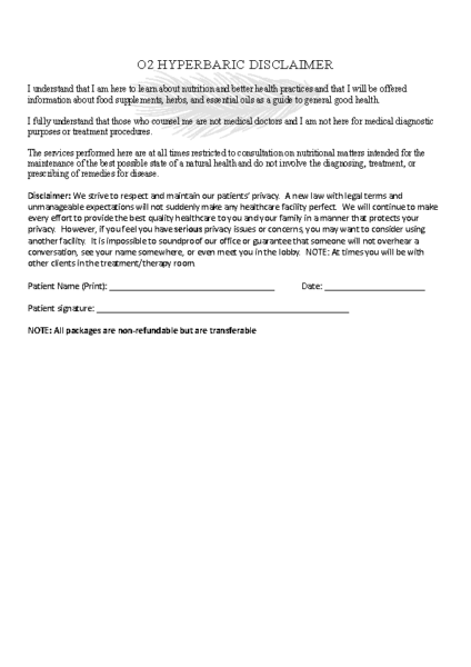O2 Hyperbaric Disclaimer